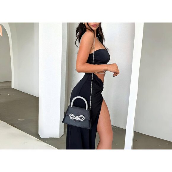 Women's Satin Rhinestone Bow Black Clutch Evening Party Prom Bag - Picture 3 of 8